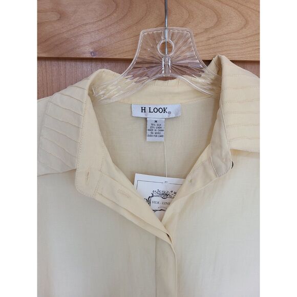 NEW H Look Silk Linen Butter Yellow Maxi Shirt Dress MEDIUM Roll Tab Sleeves M - Picture 5 of 6